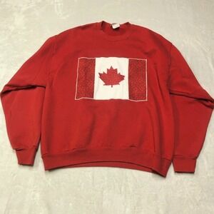 Vintage 90s Canada Flag Sweatshirt Men's L Boxy Fit Hand Embroidered Jerzees Tag